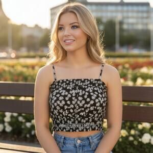 Hippie Rose Bandeau Cropped Tank Top Black Daisy Print Floral Smocked Size M